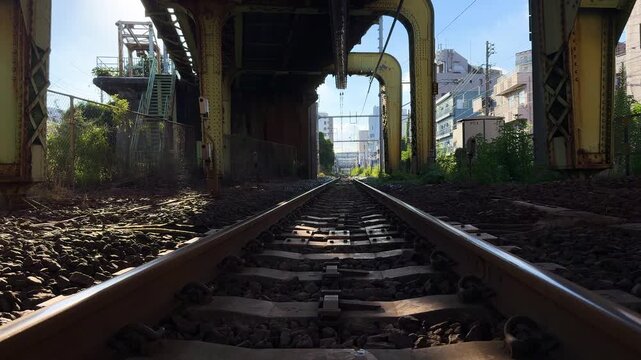 Freight Railway Track Passing Beneath an Elevated Structure Near Mikawashima Station
