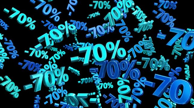 Floating 3d blue and cyan percentage signs with 70% discount text on a black background