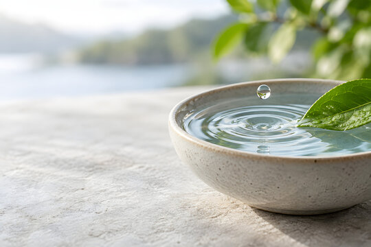 Zen Serenity: A tranquil scene unfolds with a simple ceramic bowl filled with clear water, a single green leaf floating serenely, and a water droplet creating gentle ripples. In the background.