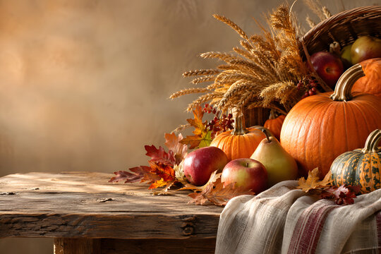 Harvest Abundance: A rustic wooden table adorned with a bountiful harvest of pumpkins, apples, pears, and autumn leaves, illuminated by warm, inviting light.