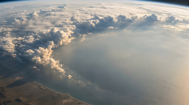 Earth from space, high altitude aerial view of clouds and coastline, cumulus formations above blue ocean water, orbital perspective of planet surface, perfect for environmental marketing projects.