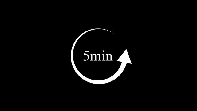 White 5 minute countdown timer with rotating arrow on black background 4k motion video