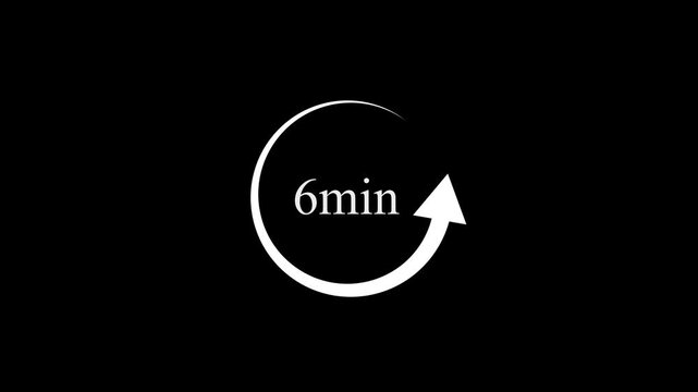 White 6 minute countdown timer with rotating arrow on black background 4k motion video