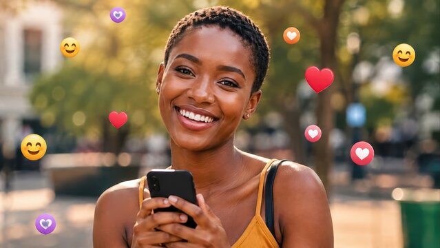 smiling young black woman holding smartphone outdoors in park surrounded by social media hearts and emojis