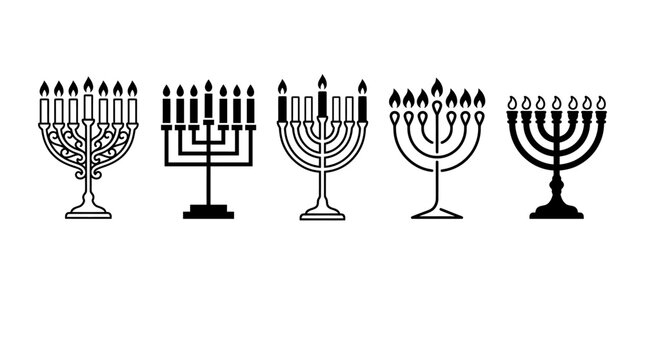 Hanukkah menorah icon set, black and white chanukiah vector illustrations, traditional Jewish holiday candle holders for festival of lights