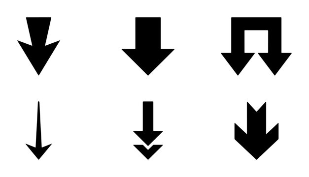Black Downward Arrows Set, Directional Icons, Navigation Symbols, Simple Graphic Elements