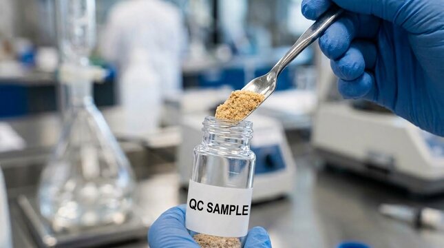Close-up of a technician wearing blue gloves using a metal spoon to transfer a powder sample into a glass jar labeled "QC SAMPLE" in a food laboratory.