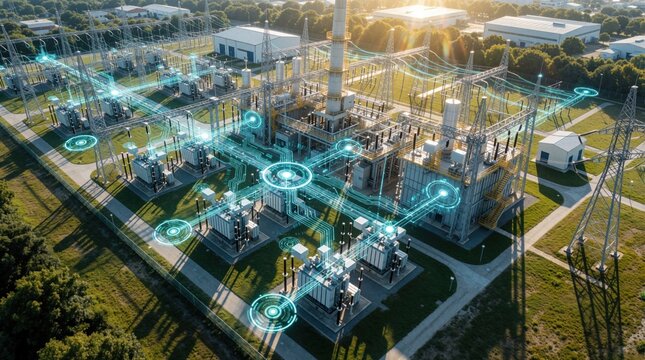 AI powered smart grid system manages electricity distribution in power plant. Digital interface shows real time energy consumption data, load balancing. High tech network overlay monitors electrical