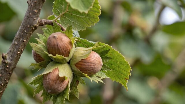 Hazelnuts hanging naturally from a common hazel tree branch, with detailed shells and leaves, 4K video