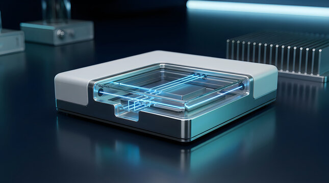 Close up of a computer processor chip with glowing blue circuitry and metallic casing