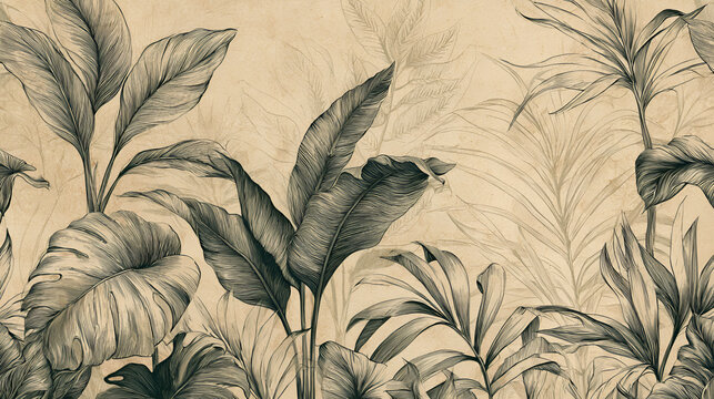Vintage tropical leaf wallpaper mural, hand drawn botanical line art on beige parchment texture, elegant jungle foliage background for interior design Stock Illustration
