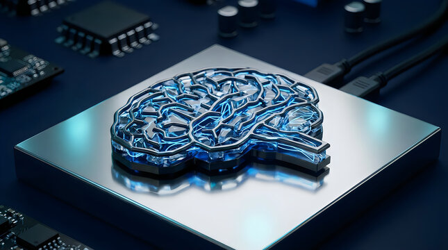 Artificial intelligence brain circuit board concept with glowing blue neural network