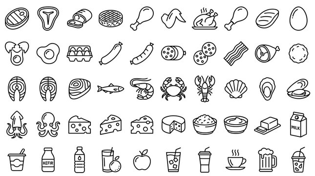 Modern Food Outline Icon Collection with Meat, Poultry, Seafood, Eggs, Cheese, Sausage, Dairy Products, and Refreshing Beverage Symbols