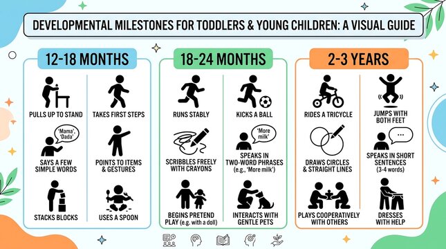 Developmental milestones for toddlers and young children visual guide, educational infographic with growth stages, pediatric health chart for ages 12 months to 3 years
