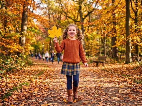 Happy little girl holding a yellow maple leaf walking on a path in a park during a beautiful sunny autumn day with golden trees in the background