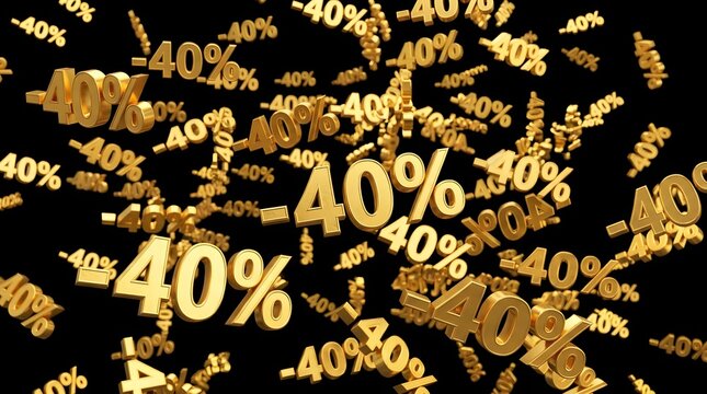 Floating golden 40 percent off discount symbols on a black background, 3d rendered sale promotion concept