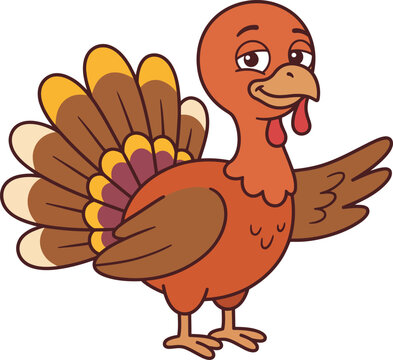 A cute cartoon happy thanksgiving turkey character waving hello isolated on a white background for seasonal holiday greeting cards