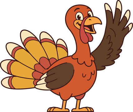 A cute cartoon illustration of a happy thanksgiving turkey waving hello isolated on a simple white background design