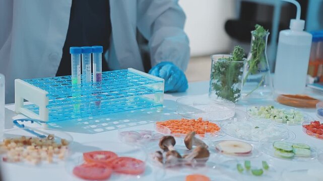 Team Asian scientists in a lab conducting food research using a microscope and lab equipment, showcasing innovation in food science and biotechnology