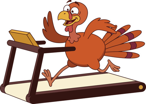 A funny cartoon happy thanksgiving turkey running on a treadmill to stay fit and healthy for the holiday season