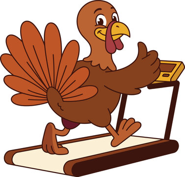 A funny cartoon happy thanksgiving turkey character exercising on a treadmill to stay fit for the autumn holiday season