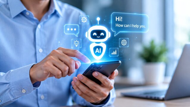 Man using a smartphone with an artificial intelligence chatbot virtual assistant interface, future technology concept for customer support