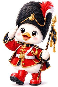 Cute Duckling Royal Soldier in Red Uniform and Bearskin Hat Watercolor Clip Art