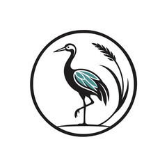 Obraz premium A minimal circular logo design featuring a stylized heron bird standing next to tall grass