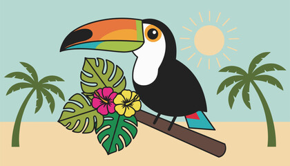 Fototapeta premium Adorable cartoon toucan sitting on a branch with colorful tropical flowers and palm trees on a sunny beach.
