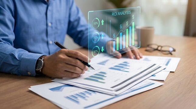 Executive analyzing financial performance using virtual ROI bar graph overlay on documents.