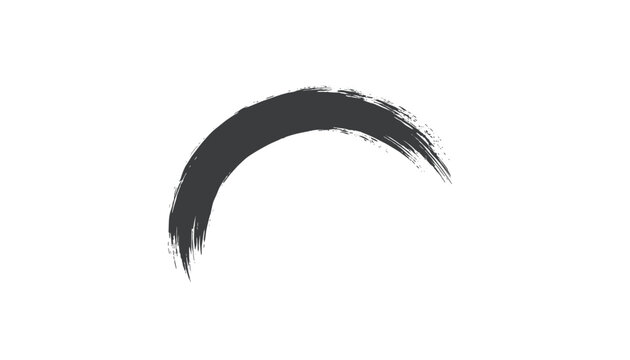 Minimalist dry brush stroke in dark grey paint forming a semicircular arch over a solid white background, representing zen elegance.
