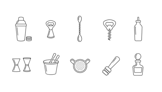 Collection of bartender barware tools line icons including shaker jigger strainer bottle opener and corkscrew for cocktail preparation.