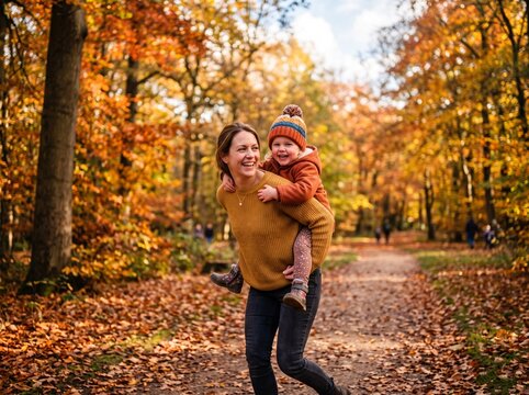 Happy mother carrying her little child on her back in a beautiful autumn forest with colorful orange and yellow leaves on the trees and ground during a sunny fall day