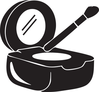 Black and white vector icon of a compact makeup powder case with a mirror and applicator brush for beauty