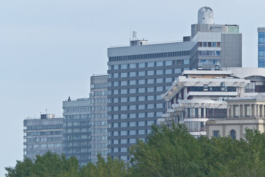 MOSCOW, RUSSIA - AUGUST 16, 2026: Row of Famous New Arbat High-Rise Buildings in Moscow Telephoto View