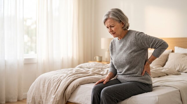 Senior woman suffering from lower back pain sitting on bed at home, elderly healthcare and chronic backache concept with copy space