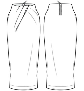 Women Wrap Skirt flat sketch illustration, Sheath skirt fashion technical cad drawing vector template mock