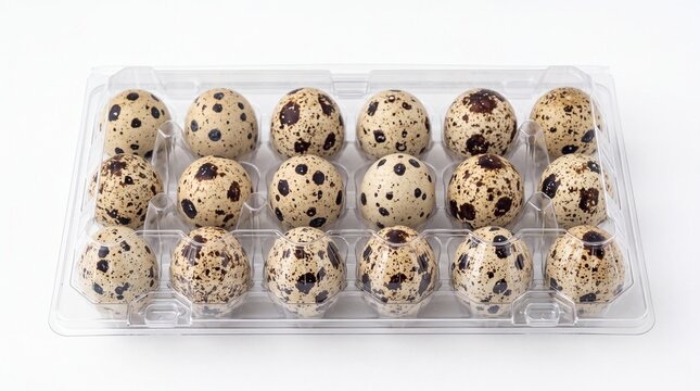 Fresh organic quail eggs arranged inside clear plastic container for retail display on white background