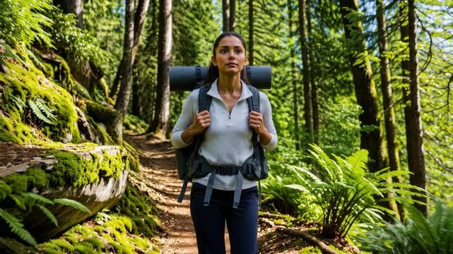 Woman hikes toward camera with a backpack along a lush forest trail