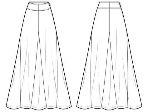 Women flared gusset full Skirt flat sketch illustration, Long gusset skirt font and back view technical cad drawing vector illustration