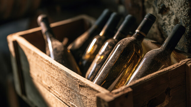 Old wooden box with wine bottles in a cellar&mdash;photorealistic vintage wine storage  