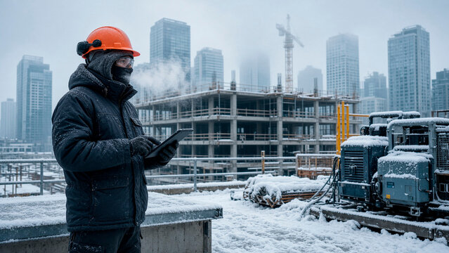 Construction Worker Using Tablet at Snowy Urban Building Site