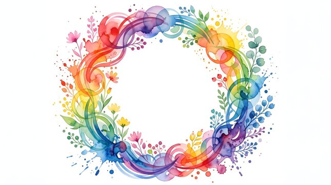 Circular watercolor rainbow wreath featuring fluid color curves, abstract soap-bubble circles, spring wildflowers, and eucalyptus greenery on white background.