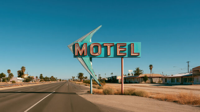 Vintage motel sign beside a highway under clear blue sky  