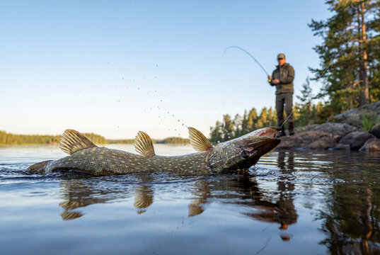 Pike fishing action on a forest lake is shown in a broad low angle landscape view. Rocks, shoreline, and still water give the scene a strong wilderness feel