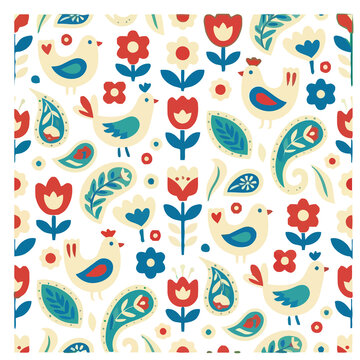 Folk art pattern with birds and flowers