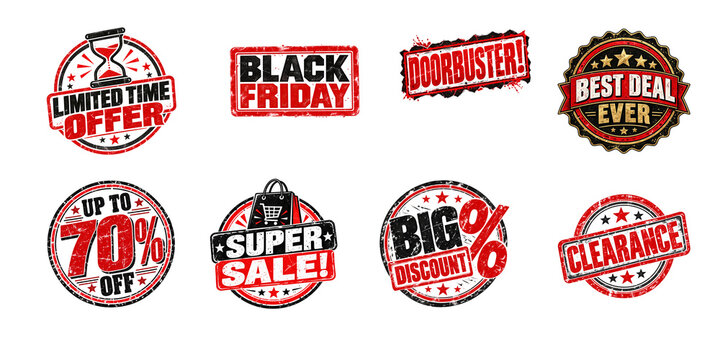 Black Friday sales promotional badge set featuring limited time offer doorbuster best deal ever super sale clearance percent off rubber stamps isolated on transparent background