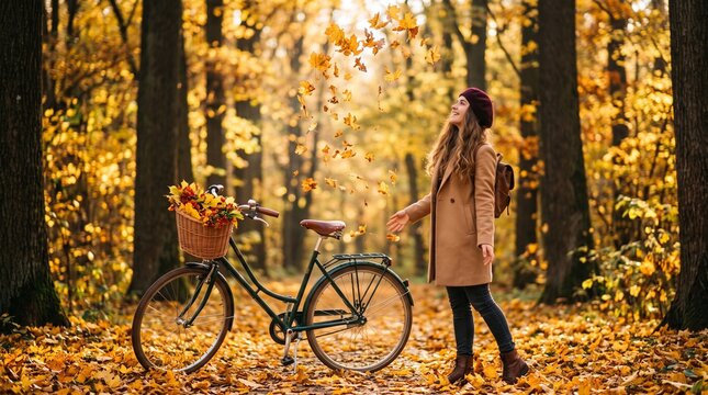 Young woman standing with a vintage bicycle in a beautiful autumn forest with golden leaves and sunlight