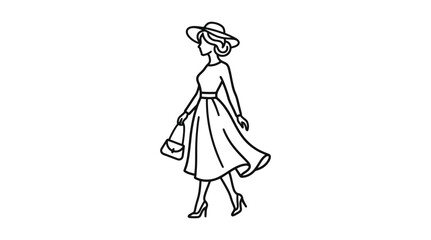 Fototapeta premium Woman in dress and hat black line silhouette on white background