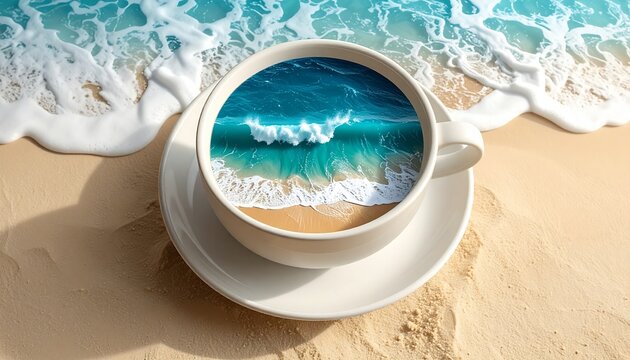 Surreal Ocean Waves Inside Coffee Cup on Sandy Beach